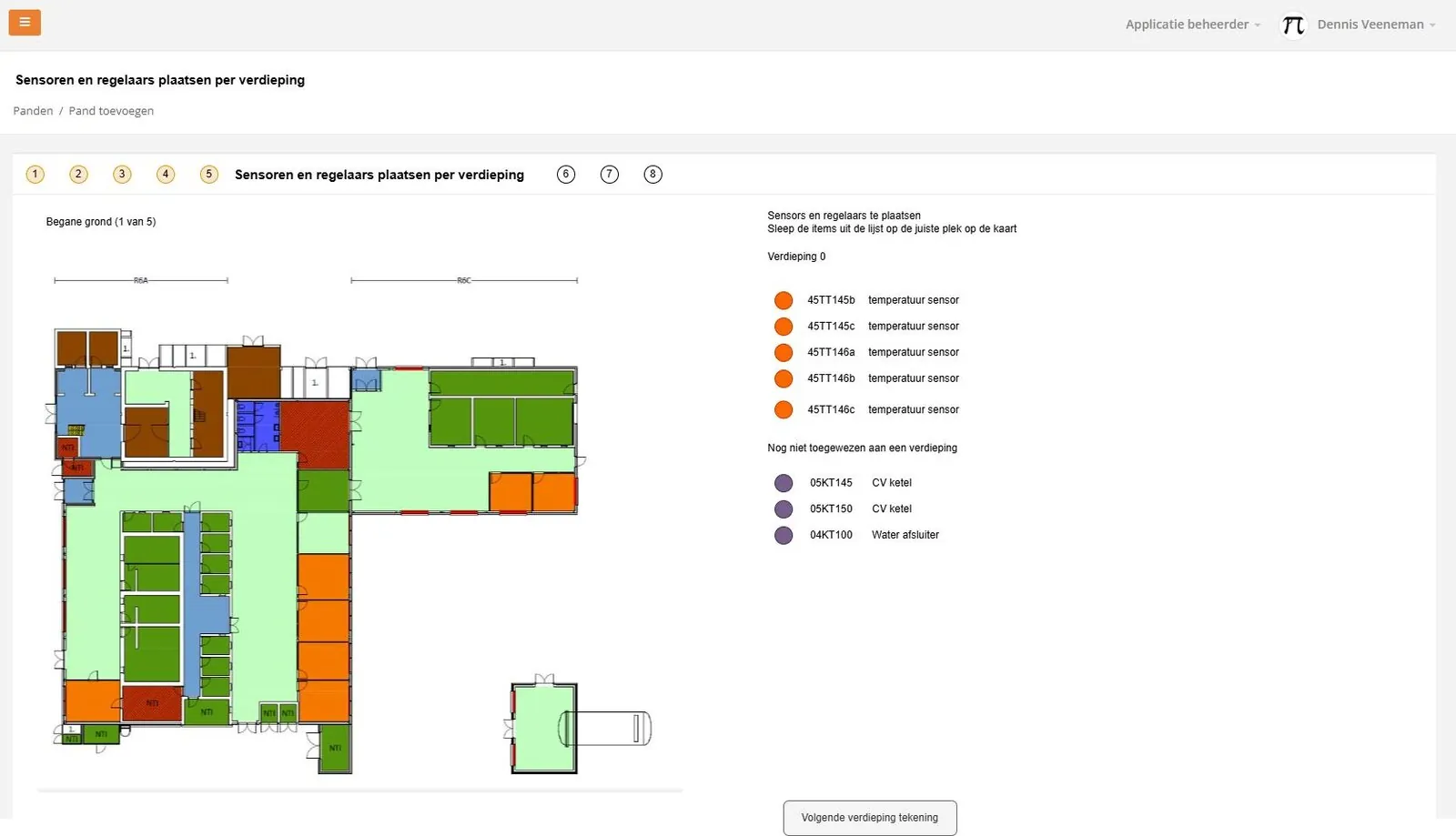 Sensoren op de plattegrond, niet in een spreadsheet — Plattegrond met sensoren in het ControllX dashboard